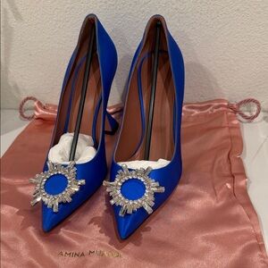 Amina Muaddi Royal Blue Satin Heels with Crystal Detail